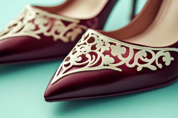Close-up of elegant burgundy high-heeled shoes with intricate floral designs.