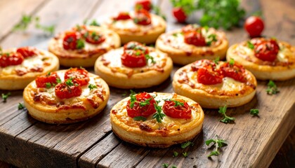 Delicious Mini Pizzas Appetizer on Rustic Wooden Board.