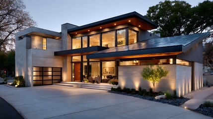Obraz premium Contemporary Modern Home Exterior with Large Windows and Elegant Landscaping at Dusk