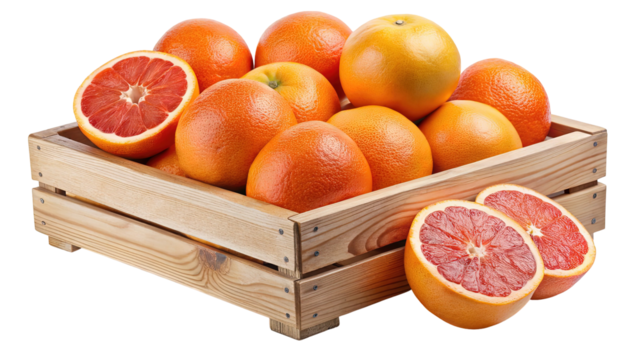 A rustic wooden crate overflows with vibrant ripe grapefruits some sliced to reveal their juicy red interiors against a dark background