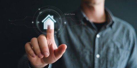 Man's finger touching glowing blue house icon on digital interface smart home technology