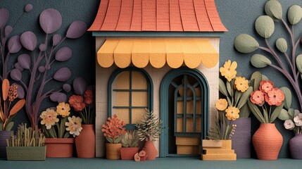 Colorful paper house with flower pots and decorative plants  