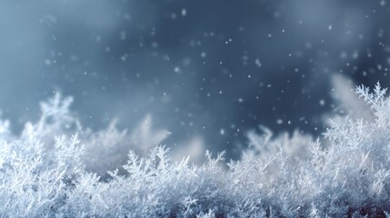 Frosty snowflakes falling softly on winter background  