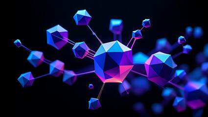 Photo of an abstract network connection structure with geometric shapes in 3d render
