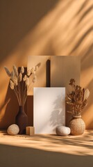 Still life arrangement with dried flowers and geometric shapes in earthy tones  