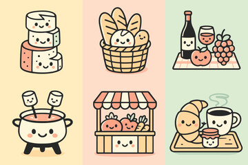 Kawaii French gastronomy icons featuring cheese tower, bread basket, and picnic table with pastel backgrounds. Perfect for kawaii culinary stickers and stock art.