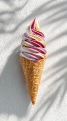 Colorful soft-serve ice cream cone with swirl on white background -  