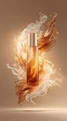 Liquid lotion bottle surrounded by swirling water and flames  