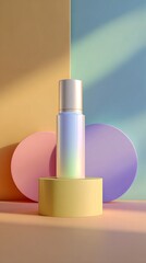 Cosmetic bottle on pastel background with colorful geometric shapes  