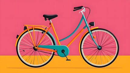 Fototapeta premium Colorful Vintage Bicycle Against a Bright Pink and Orange Background in a Playful Urban Setting