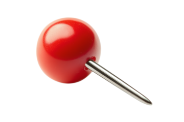 Close up of a single red thumbtack with a silver metal pin isolated on transparent background