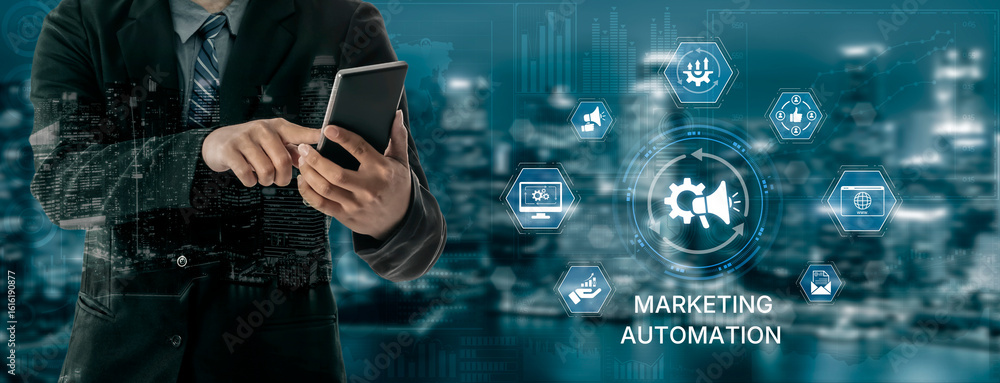 Poster marketing automation diagram showcase ai-driven campaign workflow, highlight marketing automation, d