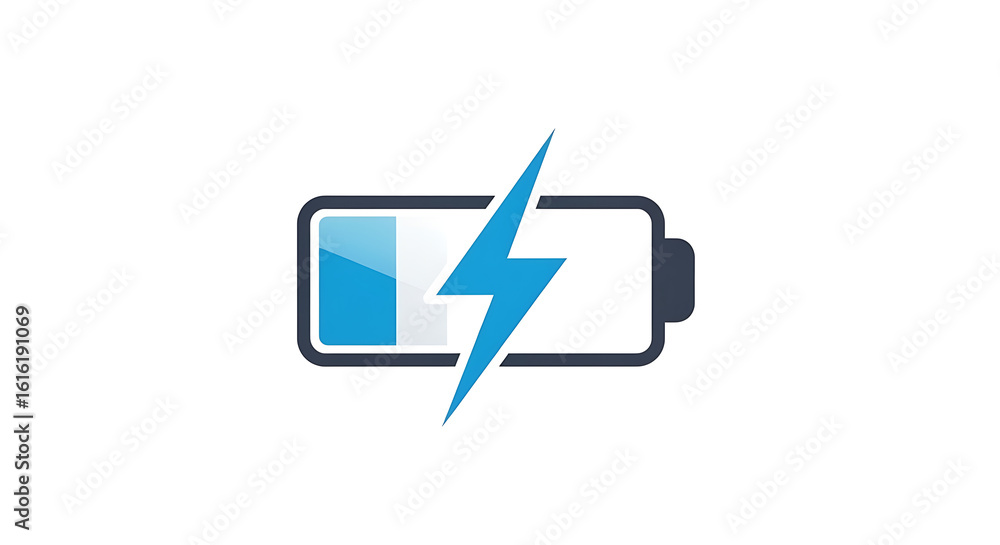 Poster a battery icon with a blue fill level and a blue lightning bolt on a white background image view ai 