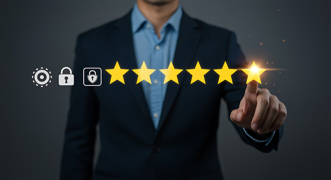 A businessman touching a star on a rating scale, representing customer feedback, online reviews, and digital service quality with security icons - Powered by Adobe