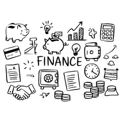 Hand-drawn finance icons set featuring money, wallet, and business elements