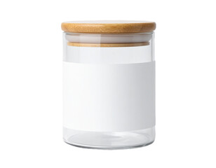 Modern glass jar with bamboo lid and blank label for branding or product display