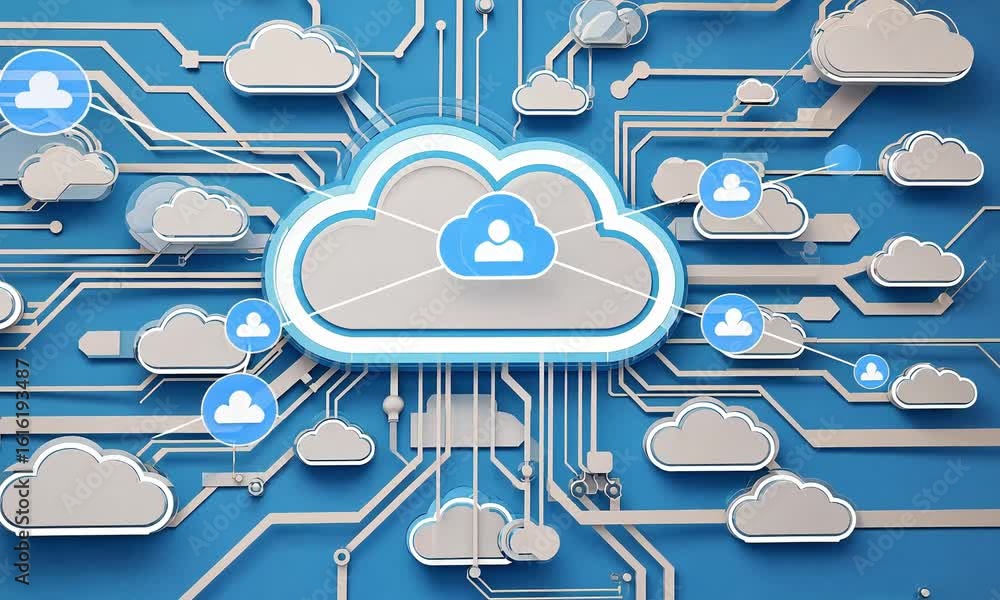 Poster illustration of cloud computing network with blue background and cloud icons connected