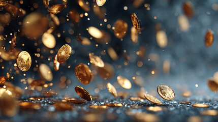 Golden coins fall and scatter in sparkling droplets of light on a dark surface