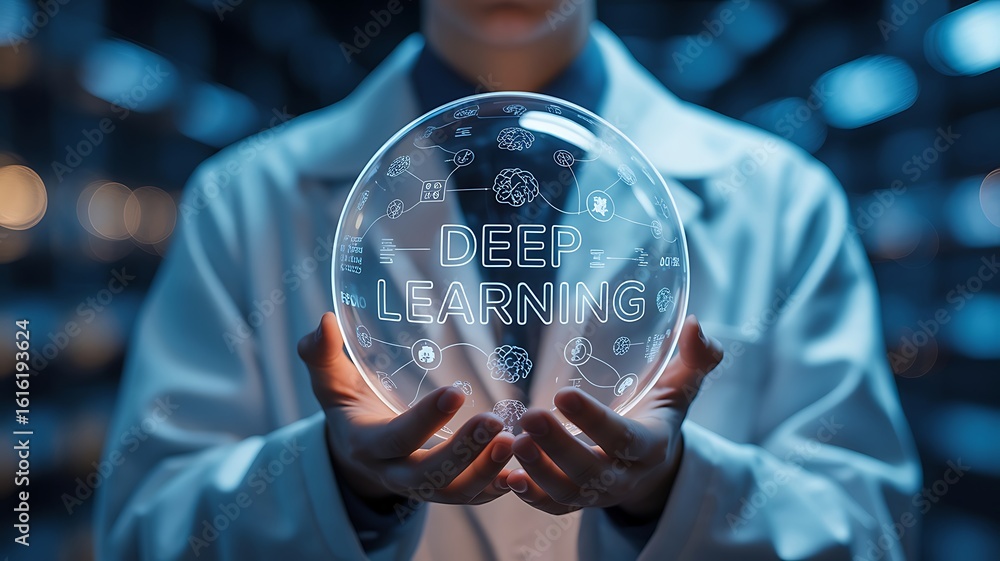 Poster person in lab coat holding clear sphere with deep learning network diagram artificial intelligence m