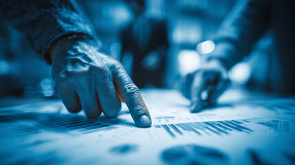 Hands analyzing data charts in a business meeting during the evening