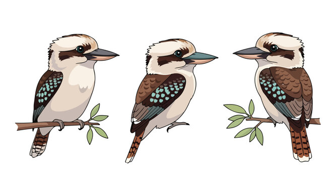 Set of three cartoon kookaburra birds with brown and turquoise plumage perched on leafy branches.