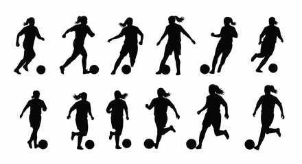 Female Soccer Player Silhouettes Vector Set on White Background
