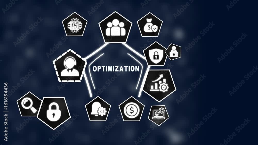 Poster optimization concept visualized business strategy icons representing growth security support and