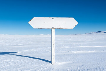 A white signpost stands alone in a vast, snow-covered plain under a clear blue sky. The sign's blank face suggests an uncertain direction in the desolate landscape.