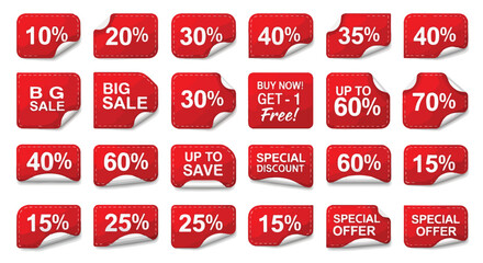 Red glossy discount sale stickers set with stitched borders curled corners and various percentages.
