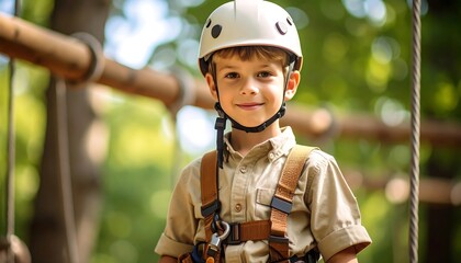 A young boy smiles confidently while wearing safety gear on a high ropes course