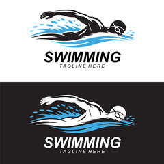 Swimming Logo Design with Swimmer Silhouette and Water Wave Motion