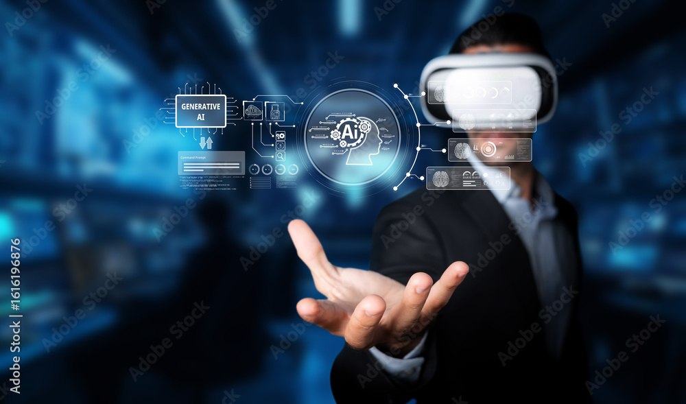 Poster a professional individual engages with virtual reality technology, exploring generative ai solutions