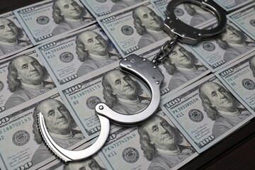 Corruption. Handcuffs and dollar bills on wooden table, closeup