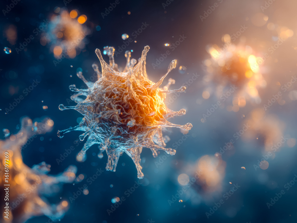 Poster magnified view of virus particles in a dynamic biological environment