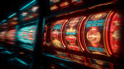 Vibrant slot machine reels spinning in a casino with bright lights creating an exciting atmosphere