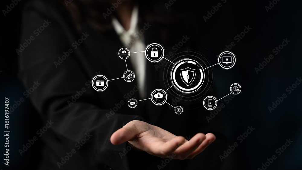 Poster cyber security protects against breaches, hacks, and network attacks using strong infrastructure and