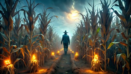 Spooky Cornfield Maze With Scarecrow Silhouettes