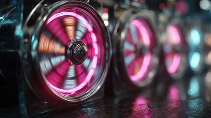 Bright spinning lights create an engaging atmosphere at a gaming venue during the evening hours