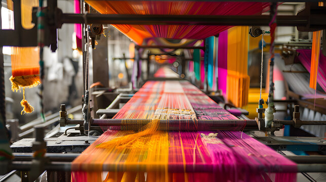 Textile factory looms, fabric dying, textile fashion production machinery mill. Automated fabric cutting mass production. Tapestry weaving loom, handloom silk cotton mile fashion factory. 