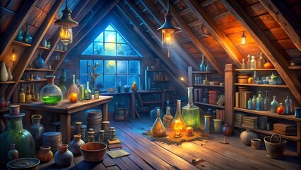 Witch's Attic With Potion Bottles and Spell Books