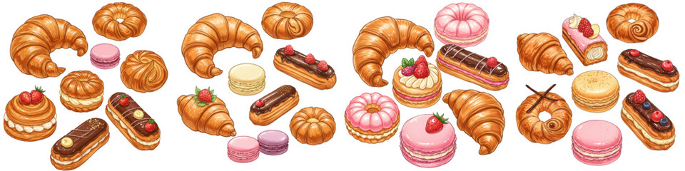 Set of isolated French pastries on white background  