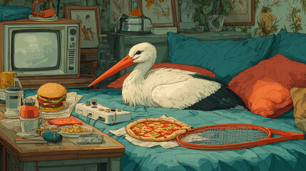 Stork lounging in a messy room filled with food, gaming console, and retro TV in a cozy setting