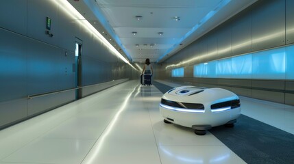 Modern airport tunnel with robot luggage carrier