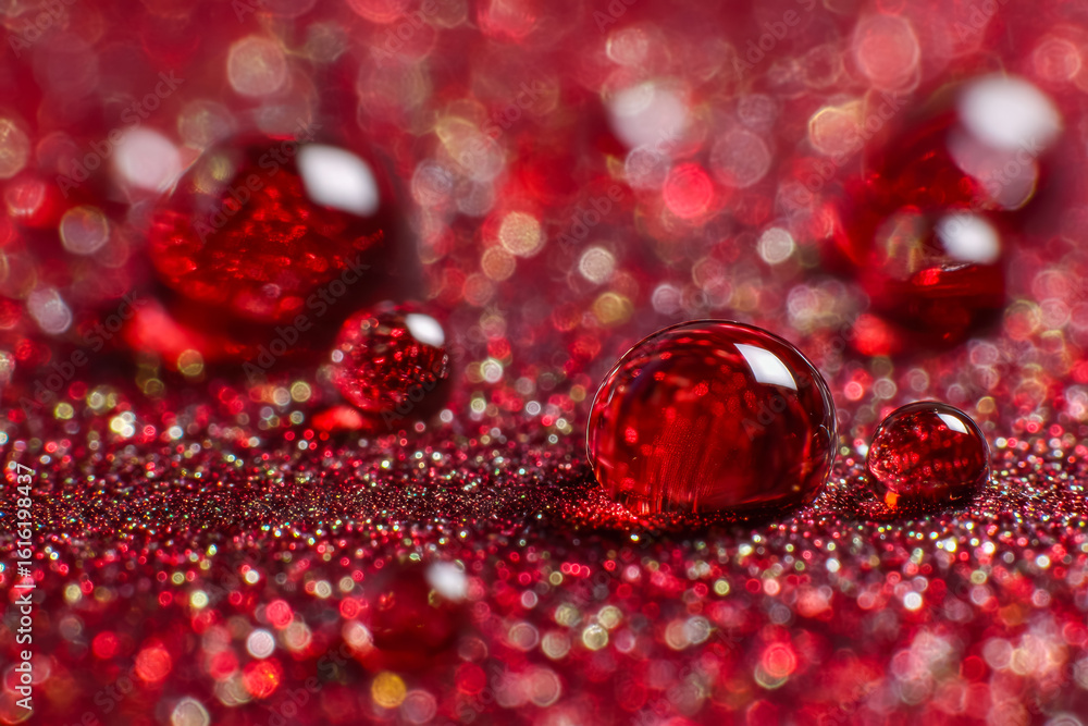 Aufkleber close-up of shimmering red droplets on glittering surface with bokeh effect