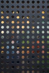 Abstract perforated metal texture in dark gray with colorful bokeh background