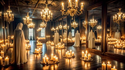 Obraz premium Creepy Mirror Room Reflecting Endless Ghostly Figures