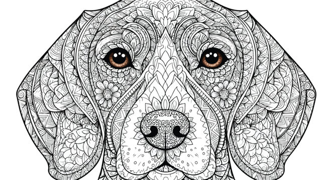 Stylized dog portrait with intricate black and white zentangle patterns and expressive brown eyes.