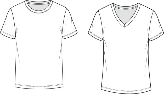 Classic Unisex T-Shirts Collection, Crew Neck and V-Neck Styles, Basic Everyday Apparel, Design, Comfortable Casual Wear, White Background, Studio Shot, Ready-to-Use Vector Illustration