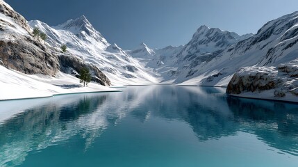Obraz premium Majestic Snowy Mountains Surrounding a Crystal Clear Lake Under a Bright Blue Sky