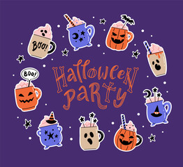 Square card design with hand-drawn lettering Halloween party and collection of mugs with different shape. Vector illustration of spooky ghost, jack-o'-lantern and witch's cauldron cups. 
